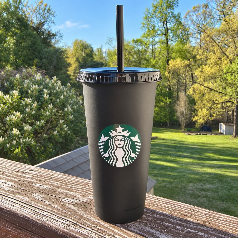 Starbucks Venti Cold Cup Tumbler 24OZ Plastic Matte Black Siren Logo Lid & Straw